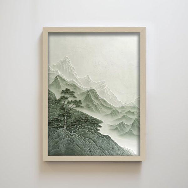 Wabi Sabi Zen Green Mountain Tree Landscape Minimalist Wall Art Decor for Living Room Japanese Style - Image 3