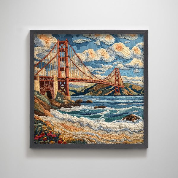 San Francisco Golden Gate Bridge embroidery textured art print punch needle California wall decor