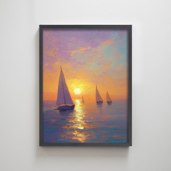 Sailing Boat Ocean Sunset Sea Textured Print Wall Decor Vertical Framed - Image 2