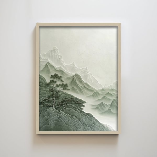 Wabi Sabi Zen Green Mountain Tree Landscape Minimalist Wall Art Decor for Living Room Japanese Style - Image 2