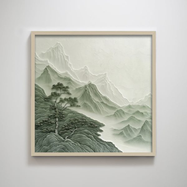 Wabi Sabi Zen Green Mountain Tree Landscape Art Print Minimalist Wall Art for Living Room