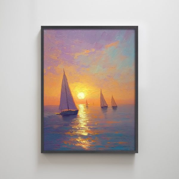 Sailing Boat Ocean Sunset Sea Textured Print Wall Decor Vertical Framed