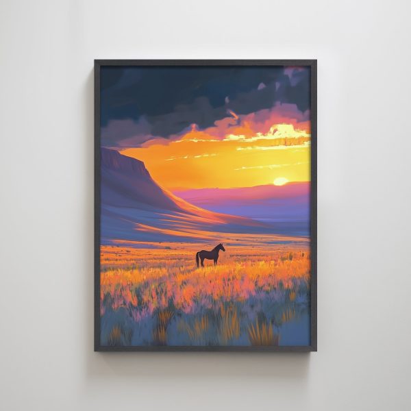 Sunset Farmland Horse Mountain Colorful Texture Art Print Modern Wall Art Decor for Living Room