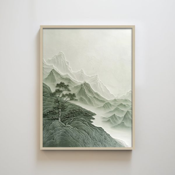 Wabi Sabi Zen Green Mountain Tree Landscape Minimalist Wall Art Decor for Living Room Japanese Style