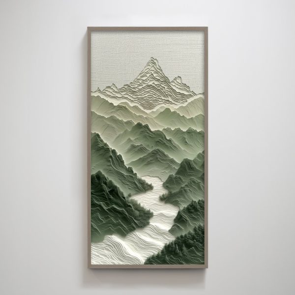 Sand Toned Green Mountain Landscape Textured Wall Art for Living Room Modern Nature Wall Decorations