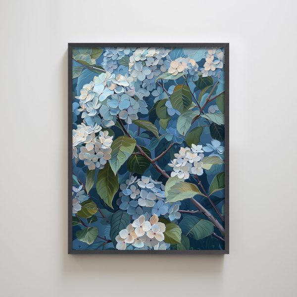 Hydrangea Blue Flowers and Leaves Textured Art Print Wall Decor for Living Room Floral Style