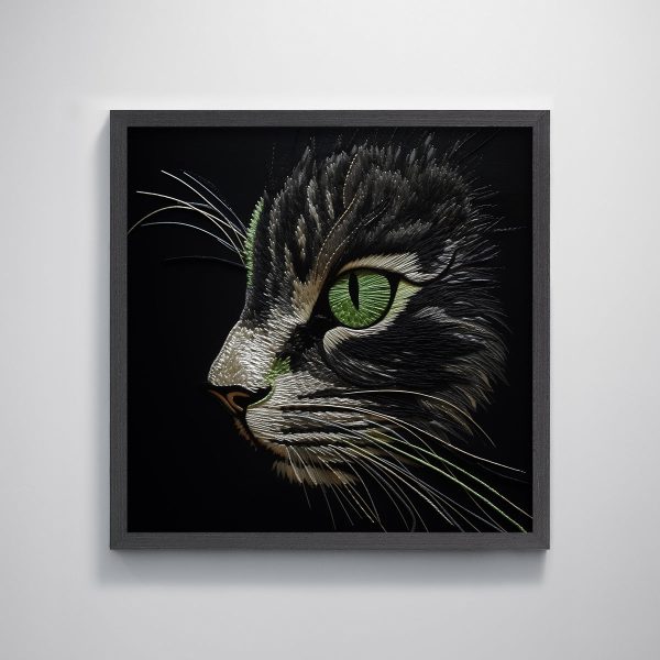 Black Cat Embroidery Textured Art Print Unique Wall Decor for Living Room Pet Lovers - Image 2