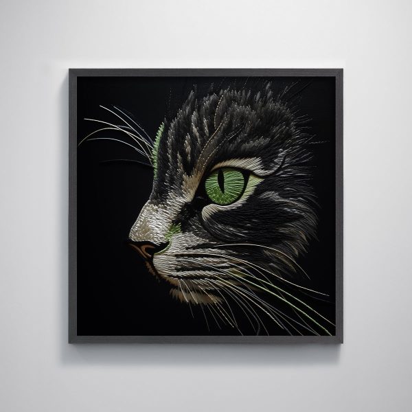 Black Cat Embroidery Textured Art Print Unique Wall Decor for Living Room Pet Lovers