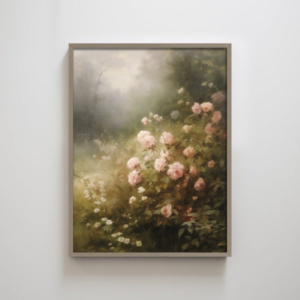 Dreamy Pink Flower Foggy Garden Textured Art Print Wall Decor for Living Room Soft Floral Style