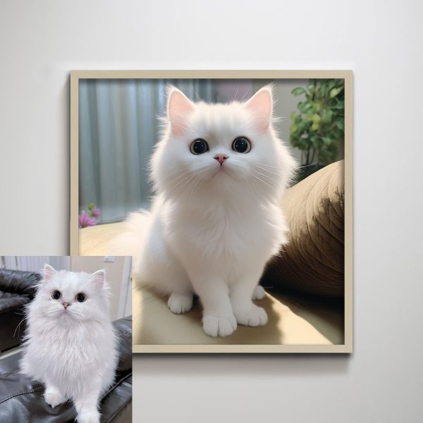 Customized White Cat Portrait Textured Art Print Wall Decor for Living Room Cat Lovers