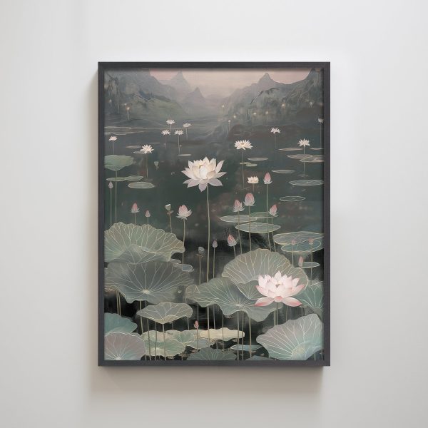 Lily's Pond Lotus Textured Art Print Zen Wall Decor for Living Room Peaceful Garden Style