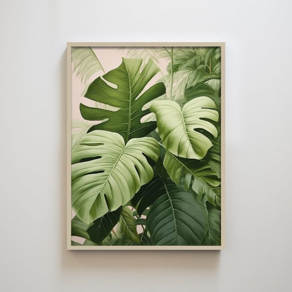 Botanical Monstera Leaves and Green Plants Textured Art Print Modern Wall Decor for Living Room Spaces