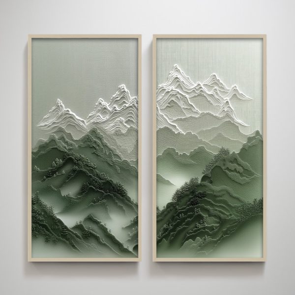 Overcast Green Mountain Pair Textured Vertical Wall Art Print Wall Decoration for Living Room