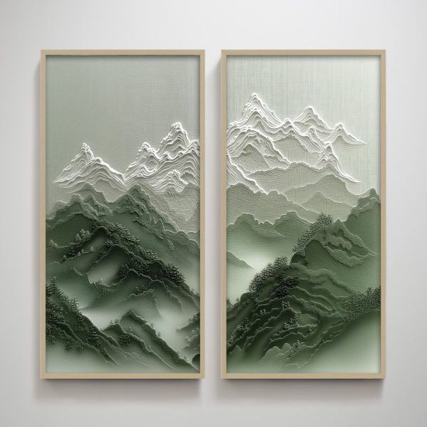 Overcast Green Mountain Pair Textured Vertical Wall Art Print Wall Decoration for Living Room - Image 3