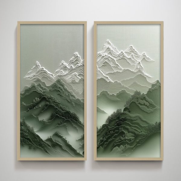 Overcast Green Mountain Pair Textured Vertical Wall Art Print Wall Decoration for Living Room - Image 4