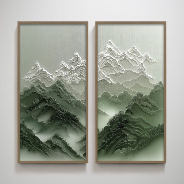 Overcast Green Mountain Pair Textured Vertical Wall Art Print Wall Decoration for Living Room - Image 5