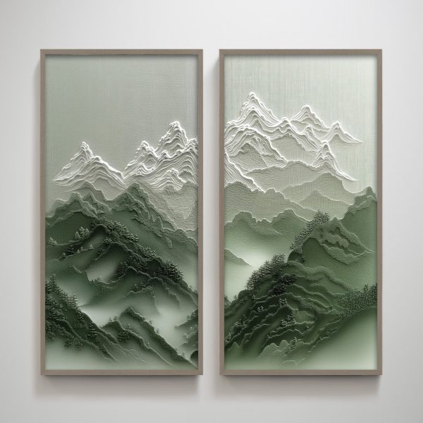 Overcast Green Mountain Pair Textured Vertical Wall Art Print Wall Decoration for Living Room - Image 7