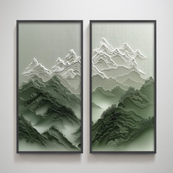 Overcast Green Mountain Pair Textured Vertical Wall Art Print Wall Decoration for Living Room - Image 9