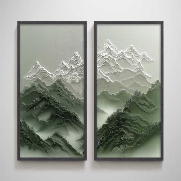 Overcast Green Mountain Pair Textured Vertical Wall Art Print Wall Decoration for Living Room - Image 10