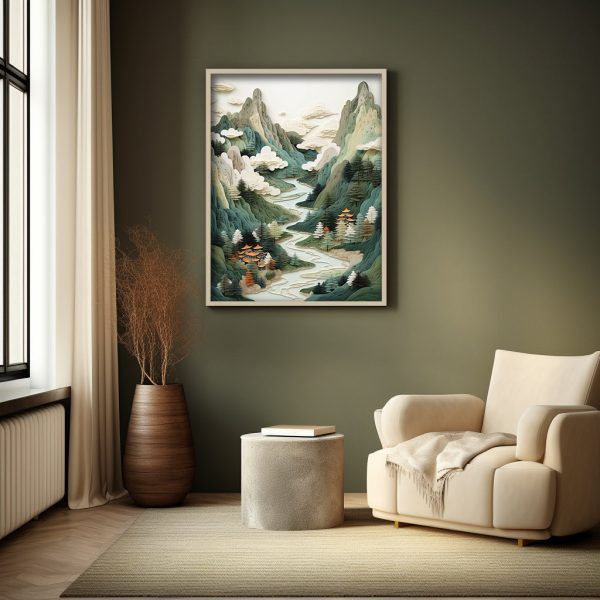 Paper Cut Mountain River Green Landscape Temple Abstract Textured Art Print Wall Decor - Image 3