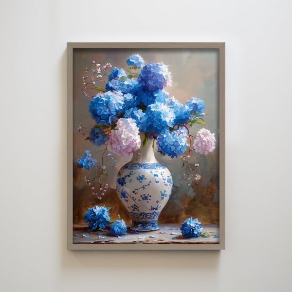 Hydrangea Flowers with Blue and White Porcelain Textured Art Print Wall Decor for Living Room - Image 2