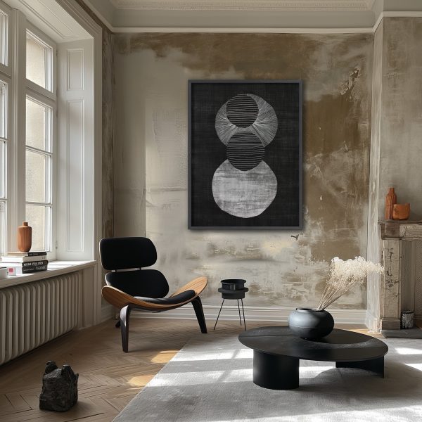 Black Fiber White Embroidery Abstract Circle Minimalist Textured Printing Wall Art - Image 2