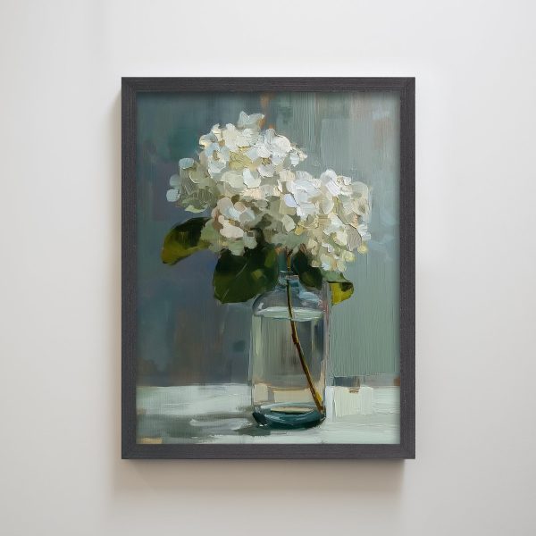 White Hydrangea Flowers Leaves Textured Art Print Wall Decor - Image 3