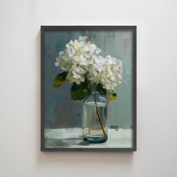 White Hydrangea Flowers Leaves Textured Art Print Wall Decor