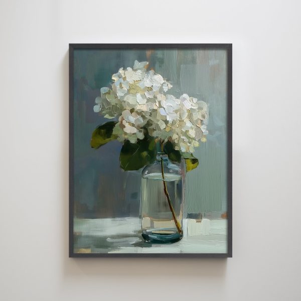 White Hydrangea Flowers Leaves Textured Art Print Wall Decor - Image 2